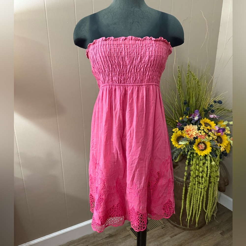 Yoana Baraschi • Cotton Smocked Embroidered Tube Top Dress